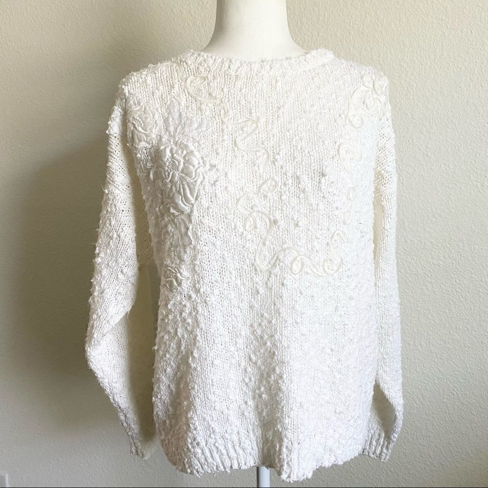 DEB Vintage Sweater Women’s L 1980s 1990s White Ribbon Appliqué Textured